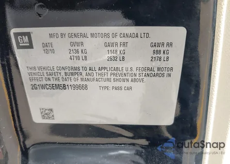 2011 Chevrolet Impala Ltz from USA, damaged, VIN 2G1WC5EM5B1199668